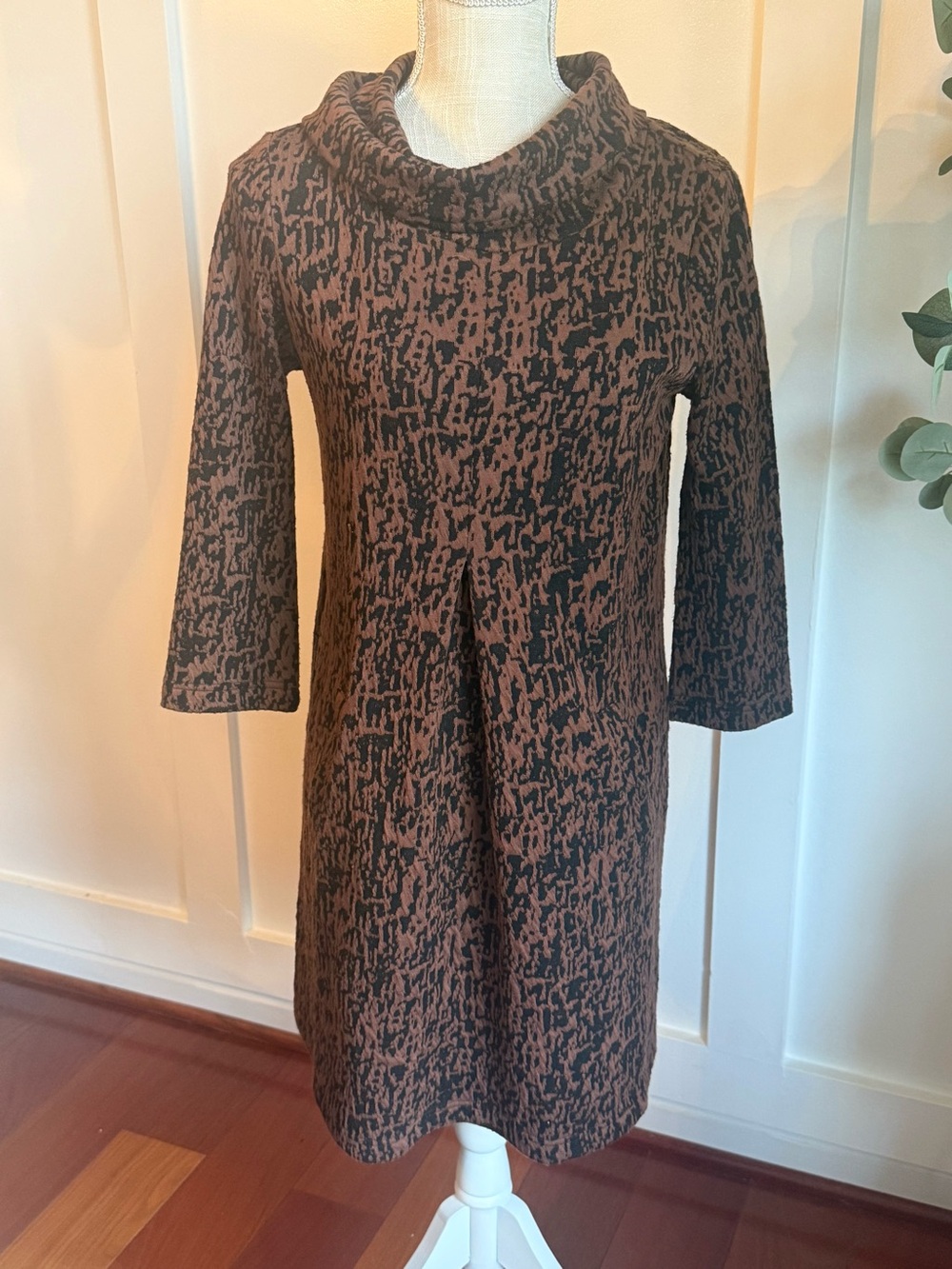 Tyler Boe Brown and Black Patterned Cowl Neck Midi Dress